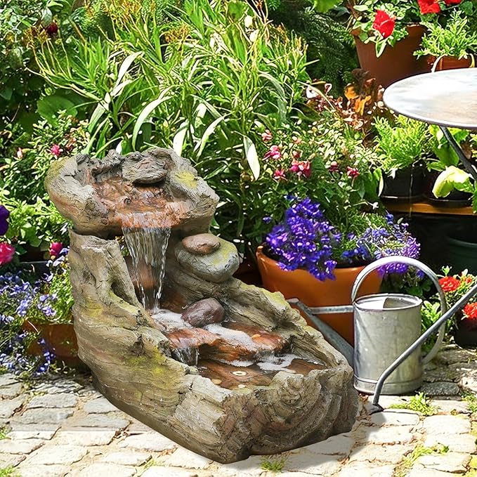 Sunlinua 23.62" L Outdoor Water Fountain with 3 Tiers Cascading Realistic Tree Trunk Waterfall Fountains with LED Lights Outdoor Water Fountain for Garden Patio Backyard Porch Home Decor