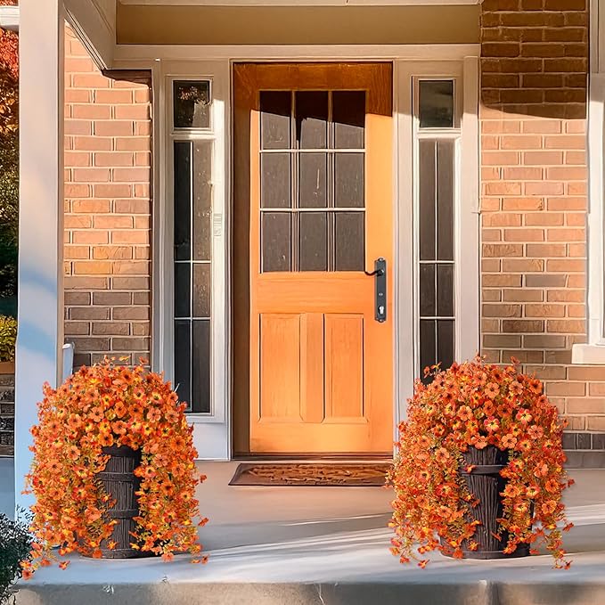 Hommyea Artificial Fall Fake Flowers for Outdoor, 2 Pcs Fake Mums Faux Hanging Flowers Outdoor Fall Decor, UV Resistant Silk Flower for Front Door Porch Planters Patio Yard Garden(Orange Sunset Red)