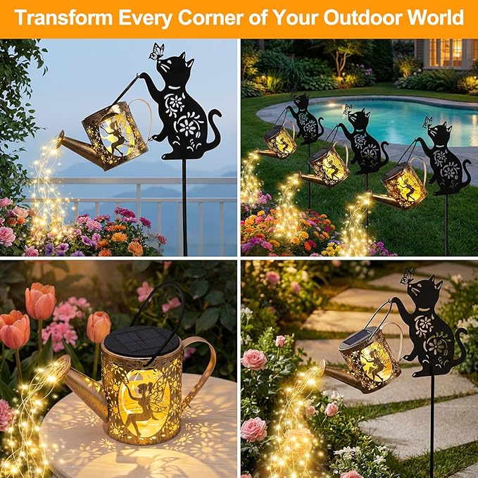 Solar Watering_Can Lights with Fairy & Flowers, Outdoor Garden Decor with Cascading String Lights, Waterproof Solar Powered Hanging Lantern for Patio Yard Pathway, Gift for Mom Cat Lovers Gardeners