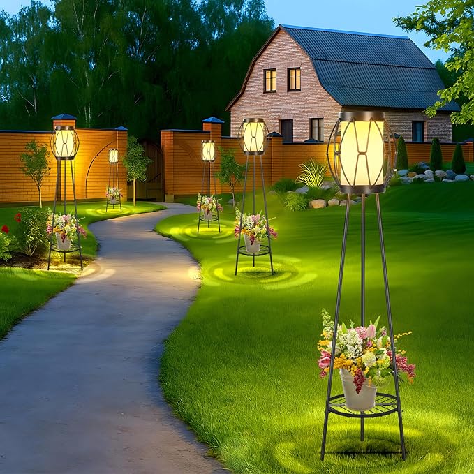 Outdoor Solar Lights with Plant Stands, Outdoor Floor Lamps for Yard Deck Patio Porch Walkway Driveway Garden Decor