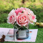 XIAYAN Artificial Flower and Glass vase, Silk Rose Flower Glass Bottle Set, Suitable for Living Room, Dining Table, Office, Wedding, Hotel Banquet and Other Home Decoration. (Pink)………