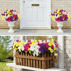 CEWOR 24 Bundles Artificial Flowers for Outdoor Indoor, Fake Silk Morning Glory with Eucalyptus Leaves, Faux Flower for Garden Front Door Porch Planter Patio Home Decor (Fuchsia Yellow White Purple)