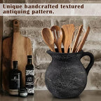 Potchen Rustic Kitchen Utensil Holder with Handle,7.48" H Ceramic Vintage Utensil Crock for Countertop, Farmhouse Kitchen Decoration Ceramic Pot for Spatulas Spoons Tongs(Classic,Antique Black Gold)