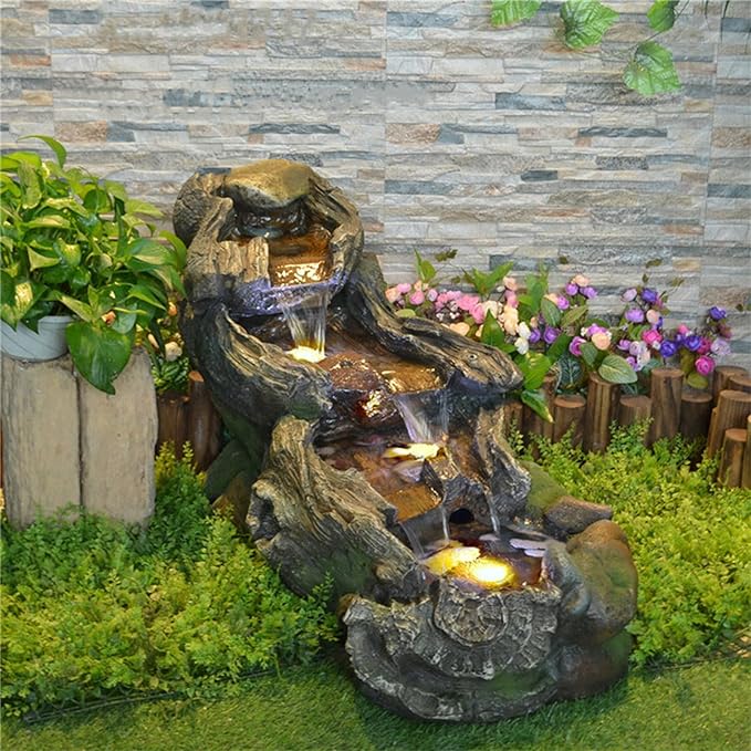 Sunlinua 37" L Outdoor Water Fountain with 3 Tiers Cascading Realistic Tree Trunk Waterfall Fountains with LED Lights Outdoor Water Fountain for Garden Patio Backyard Porch Home Decor