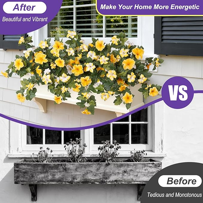 Ammyoo Artificial Fake Petunia Flowers for Outdoor Decoration, 2PCS Faux Silk Petunias Flower for Spring UV Resistant No Fade Realistic Plants for Garden Balcony Yard Porch Indoor Decor(Yellow White)