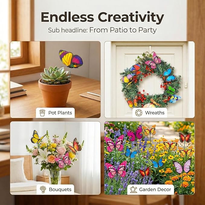 VGOODALL 50pcs Butterfly Garden Decorations, 11.5 inch Plastic Butterfly Stakes Ornaments Artificial Butterflies for Flower Bouquet Arrangements Crafts Outdoor Wall Patio Plant Yard Decor