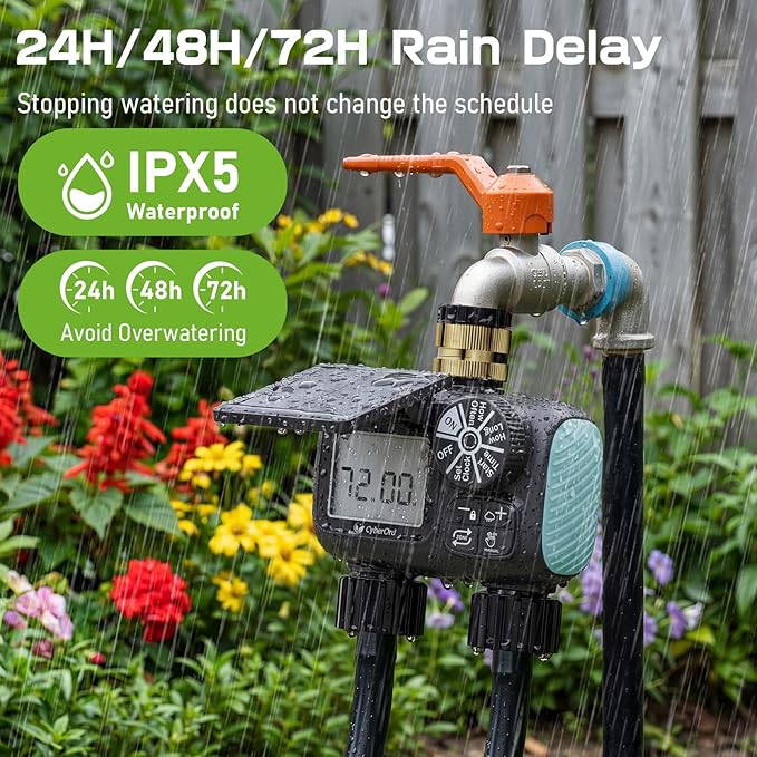 2 Zone Solar Water Timer, Hose Timer with Solar Charging, Sprinkler Timers for Garden Hose with Auto/Manual/Rain Delay Modes, Digital Drip Irrigation System for Lawn/Patio/Garden