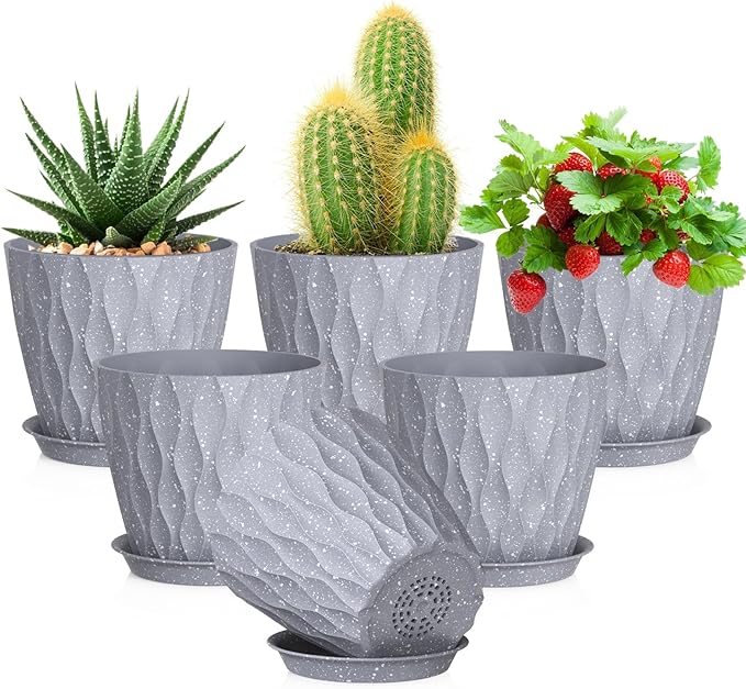 Meowell 5 inch Plant Pots for Indoor Outdoor Plants, 6 Pack Thick Flower Pots with Drainage Holes and Saucers, 3D Modern Wave Texture Small Plastic Planters Nursery Pots, Speckled Grey