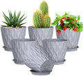 Meowell 5 inch Plant Pots for Indoor Outdoor Plants, 6 Pack Thick Flower Pots with Drainage Holes and Saucers, 3D Modern Wave Texture Small Plastic Planters Nursery Pots, Speckled Grey