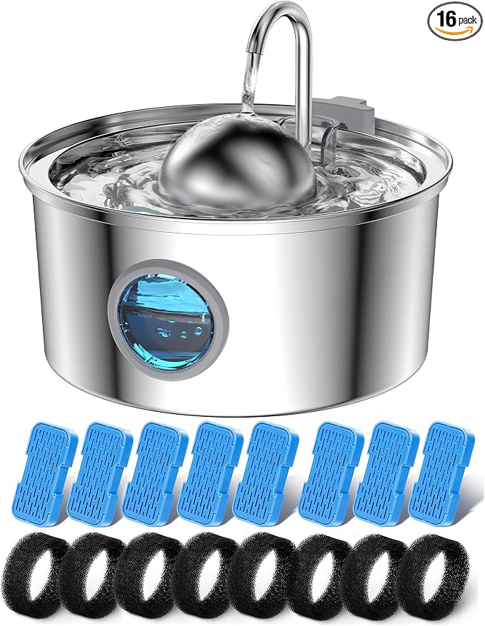 AONBOY Cat Water Fountain with 16 Filters, 108oz/3.2L Cat Fountain Stainless Steel, Includes 8 Carbon Filters and 8 Sponge Filters, Faucet Shape Dog Water Fountain, Double Noise Reduction Design