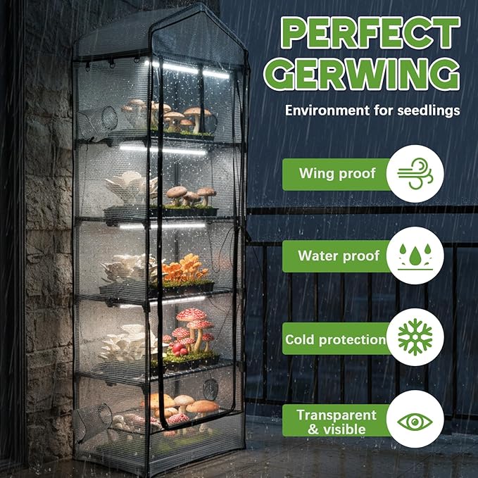 Windyun 5 Tier Extra Tall Mushroom Grow Tent Kit with Light & Timer, 80 x 19 x 27 Inch & 6500k Greenhouse with LED Grow Light, 4" Vents & Built in Humidifier Ports for Indoor Outdoor Mushroom Tent