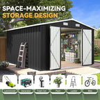 Aoxun 10 x 12FT Outdoor Storage Shed with Double Hinged Large Door Utility Garden Shed with Lockable Door & Sloped Roof Metal Sheds Outdoor Storage for Garden, Backyard, Patio and Backyard, Black