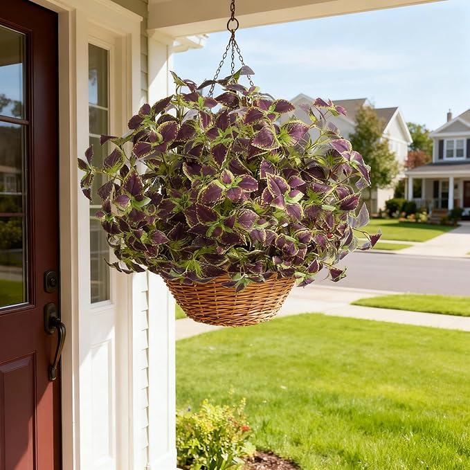 Artificial Greenery Plants Outdoor, 5 Pcs Faux Coleus Plants UV Resistant Silk Plants with Stems, Fake Plants for Outside Garden Patio Hanging Planter Pathway Front Porch Decoration(Brown)