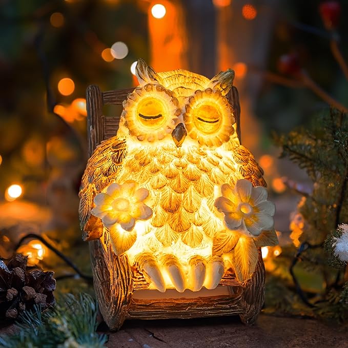 LIULO TOOL Light Up Owl on Chair Garden Sculpture, LED Solar Powered Owl Lying on The Chair, Cute Figurine Crafted Statue for Home Fireplace Outdoor Centerpiece Collection Decoration, 3x3x4 in