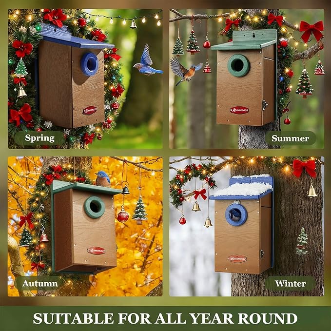 Kingsyard Recycled Plastic Bird House for Outdoor - Durable Nesting Box with Clear View Panel & Predator Guard for Bluebird Wren Swallow Finch, Blue & Brown