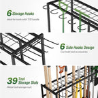 Sttoraboks Garden Tool Organizer Rack Up to 39 Tools, Heavy-Duty Steel Yard Tool Organizer for Garage Storage with 12 Hooks, Broom Holder & Garden Tool Rack for Shed, Patio, Outdoor Storage, Black
