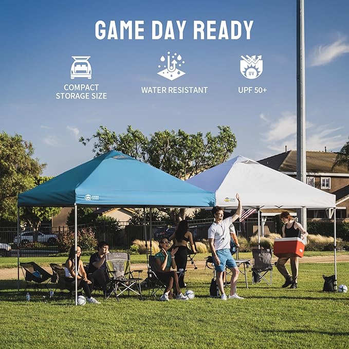 CROWN SHADES 10x10 Pop Up Canopy - Beach Tent with One Push Setup - Easy Outdoor Sun Shade for Events, Parties, Camping - Gazebo with STO-N-Go Cover Bag, Silver Coated Top, Cyan Blue