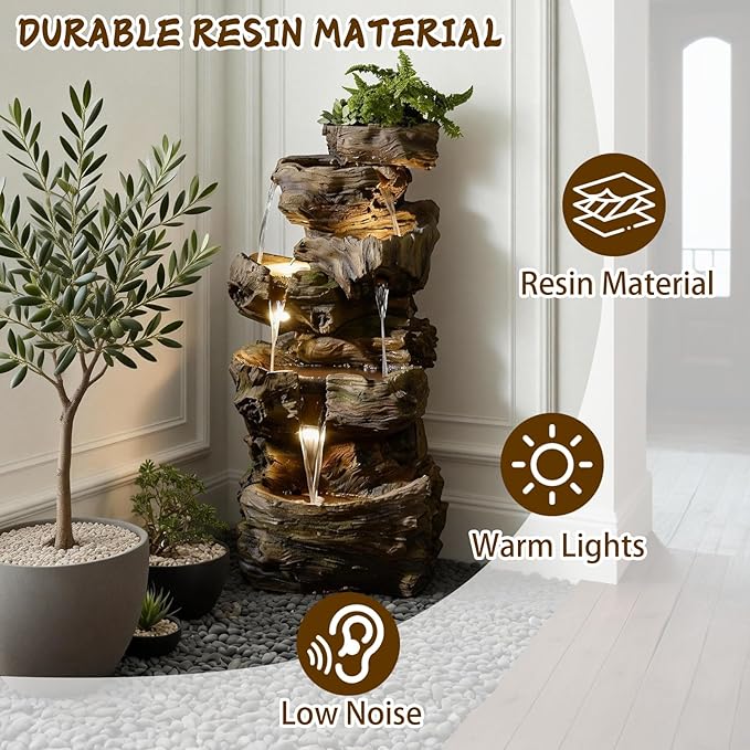 Sunlinua 40H Realistic Tree Cascading Outdoor Water Fountain with 5 Tiers | Resin material,ideal for garden patio backyard porch home decor,6 LED light,easy to install,gifts for women men mom father