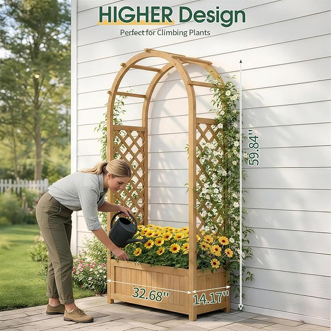 VINGLI Raised Garden Bed with Trellis & Hanging Roof, Wooden Garden Bed, Outdoor Planter Box for Yard, Garden, Balcony (Natural Wood Color, Arched)