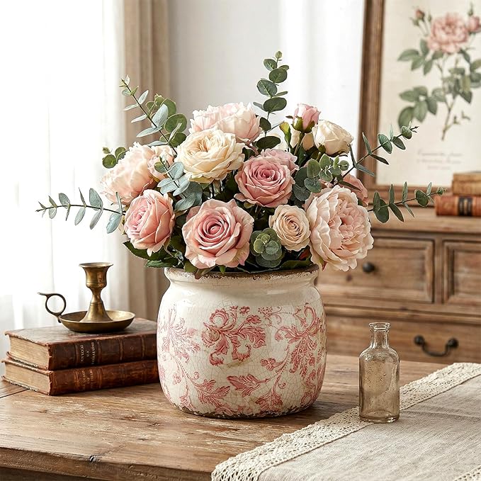 Vintage Planter Large Ceramic Plants Pot Pink Floral Scroll Ice Crack Cottage Scroll Vase Flower Vase Pot Indoor Plants Home Kitchen Decor Farmhouse Antique Decorative Gifts