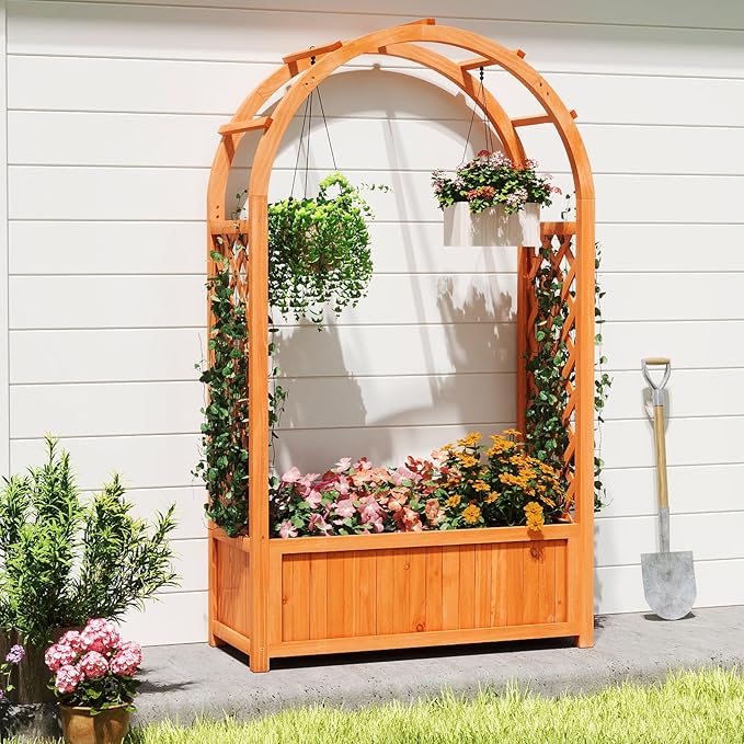 Giantex Raised Garden Bed with Arch Trellis, for Climbing Vine Flower Vegetable, Wood Planter Box with Liner & Drainage Design, Outdoor Plant Container for Yard Balcony (33"x14"x58")