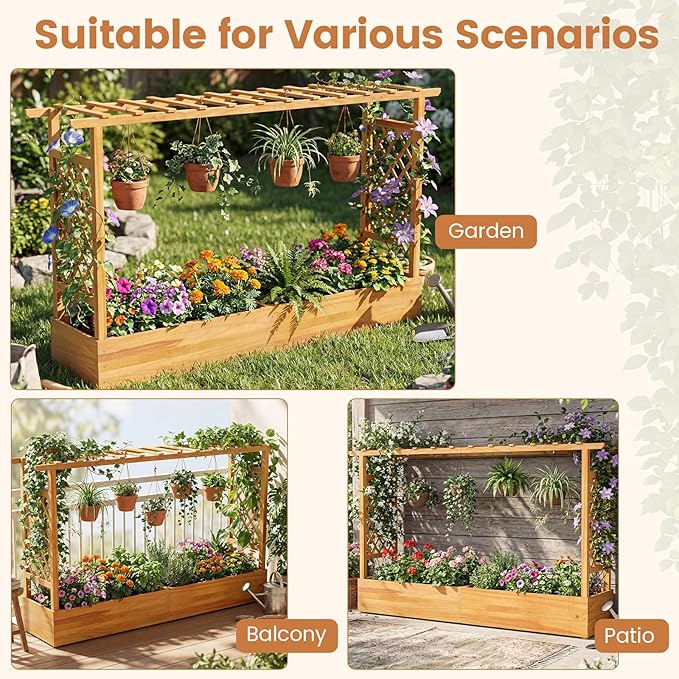 Happygrill 45" Raised Garden Bed with Trellis, 2 Pack Wood Planter Box w/Hanging Roof, 2 Side Trellises, Open-Ended Base for Flower, Climbing Plant, Plant Container for Garden