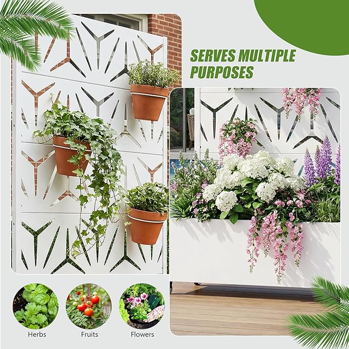 Casaphoria Metal Raised Garden Bed with Trellis and Wheels, 72"x35"x16" Planter Box for Climbing Plants, Vegetables & Vines, Features Drainage Holes and Privacy Screen, White-Star