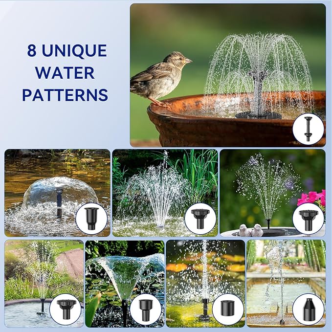 Antfraer Solar Fountain Pump for Bird Bath, 8W Solar Water Fountain Pump with Dry-Run Protection & Double-Layer Nozzles, Solar Powered Fountain with 5Ft Tubing for Small Pond, Bird Bath, Water Feature