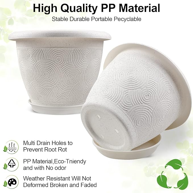 Fodetyff 8 Inch Flower Pots Planters for Indoor Outdoor Plants, 4 Pack Plastic Small Plant Pots with Drainage Hole & Tray, Modern Decorative Garden Pot with Saucer, Plant Container for House