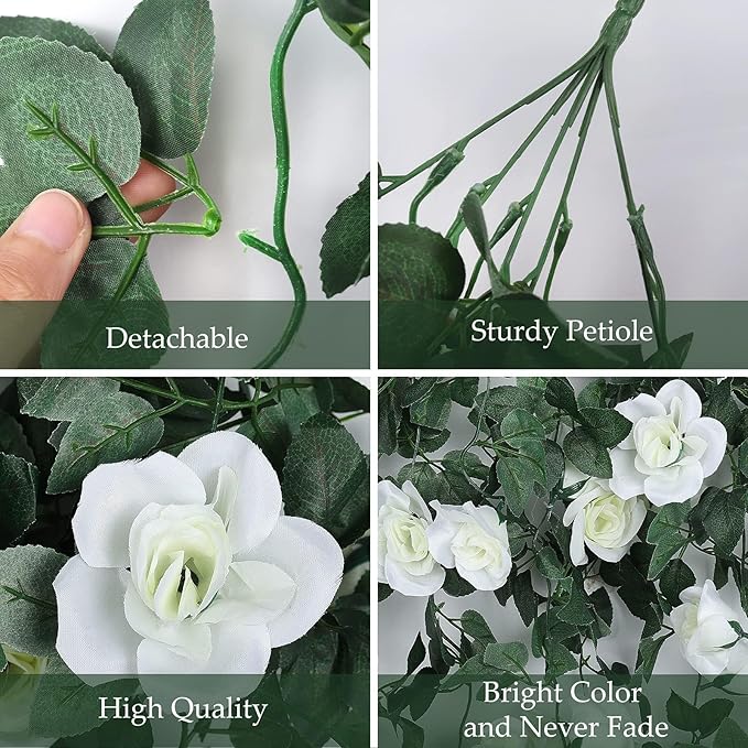 RECUTMS Artificial Hanging Rose Plant 4Pieces 3.3Ft Faux Ivy Plants Fake Outdoor Flowers Vines,UV Resistant for Wedding, Home, Office, Arch,Arrangement Decoration (White)