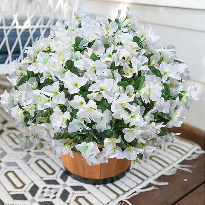 Ivydale Bougainvillea Artificial Flowers for Outdoors Spring Decor, 4 Bundles White Fake Outside Flowers Silk UV Resistant Realistic Faux Plants for Outdoor Planters Porch Patio Window Garden