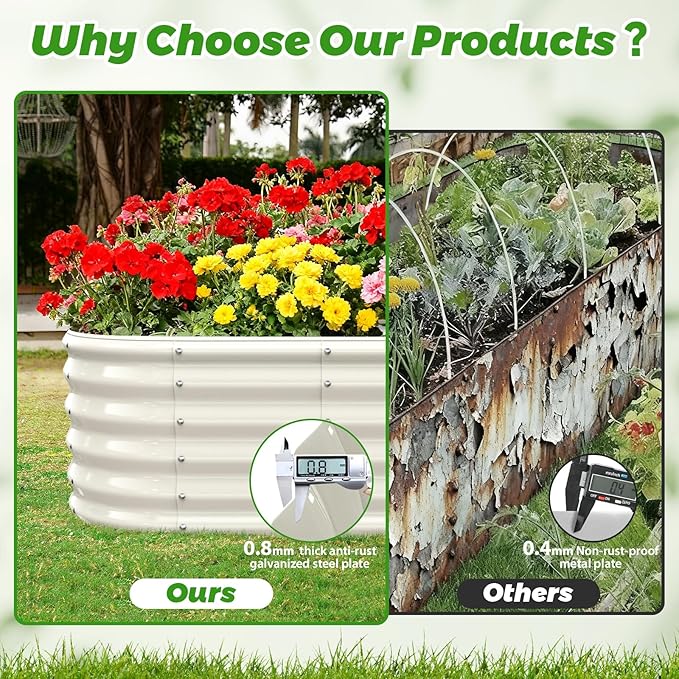 YSEJOMP 17" Tall Outdoor Garden Raised Garden Bed Kits, 4ft X 2ft Oval,0.8MM Thick Metal Raised Planter Bed/Ground Planter Box for Variety of Flowers,Herbs,Vegetables (Cream White, 48X24X16.5 Inches)