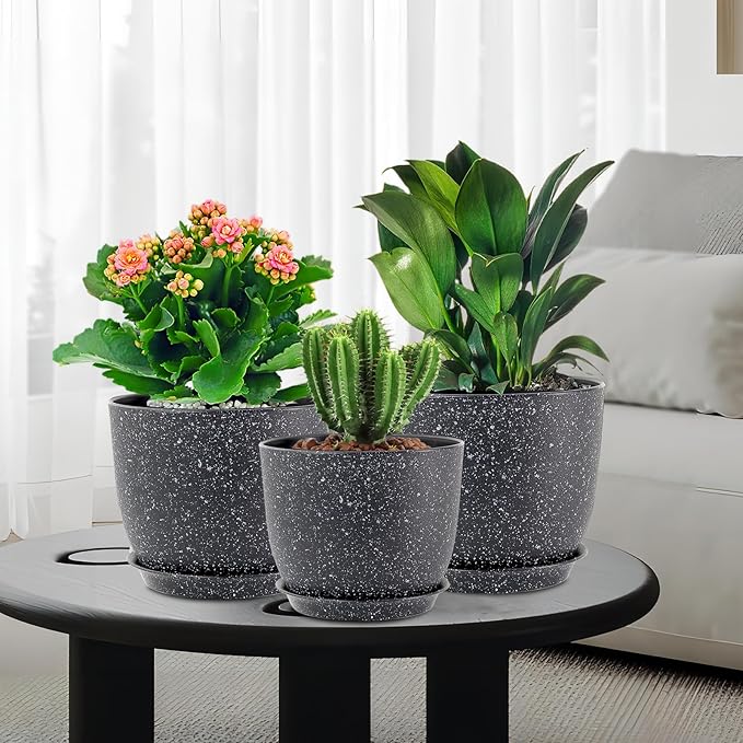 WSMKSZ Large Flower Pots 12/10/9 inch, Set of 3 Modern Decorative Plastic Planters with Drainage Holes and Saucers for Garden House Plants, Plant Pots for Indoor Outdoor Plants, Speckled White