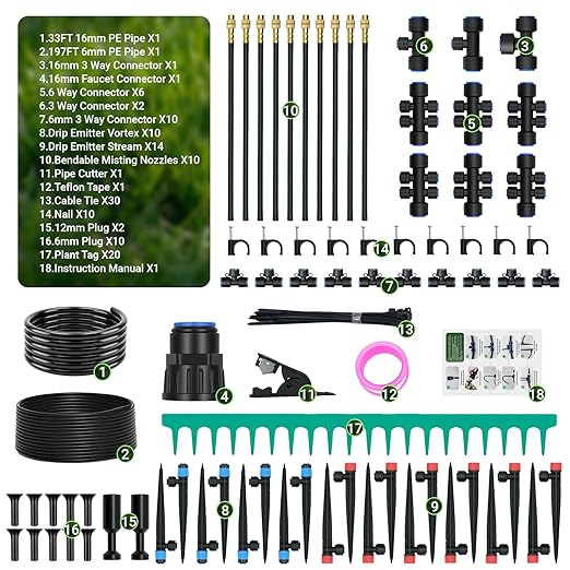 230FT Drip Irrigation Kit with Quick Connect PE Tubing, Automatic Garden Watering Sprinkler System, 2026 Upgraded Water-Saving Design with 3 Adjustable Misting Emitters, Greenhouse & Raised Bed