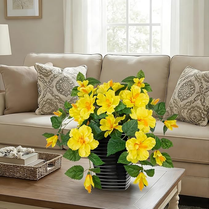 Briful 15.7'' Artificial Hibiscus Plant in Tall Black Woven Planter, Tropical Faux Hibiscus Flowers with Cascading Leaves, Small Fake Flower Pot for Bathroom, Entryway Table, Living Room Decor, Yellow