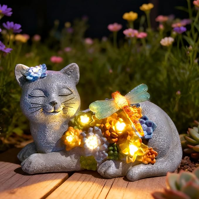 Solar Cat Garden Statue - Lying Outdoor Figurine with Dragonfly & Flower LEDs, Upgraded 2.0 Solar, Auto On/Off, IP65 Waterproof Hand-Painted Resin, Garden Decor, Gift for Cat Lovers, Mom, Grandma