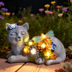 Solar Cat Garden Statue - Lying Outdoor Figurine with Dragonfly & Flower LEDs, Upgraded 2.0 Solar, Auto On/Off, IP65 Waterproof Hand-Painted Resin, Garden Decor, Gift for Cat Lovers, Mom, Grandma