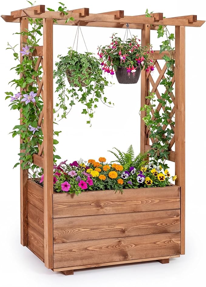 Giantex Raised Garden Bed with Sided Trellis & Roof, 31”x16”x41” Wood Elevated Planter Box, Freestanding Garden Planter Raised Bed for Flowers Herbs Climbing Vines,Brown,1
