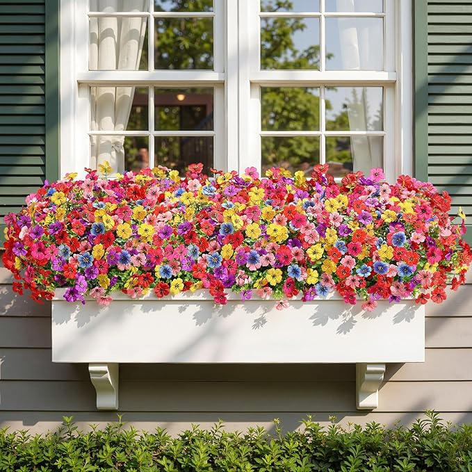 Alupssuc 48 Bundles Artificial Flowers for Outdoors Decoration, UV Resistant Silk Faux Floral Spring Fake Plastic Plants Greenery for Outside Indoor Home Garden Porch Window Box Decor, Mix 6 Colors