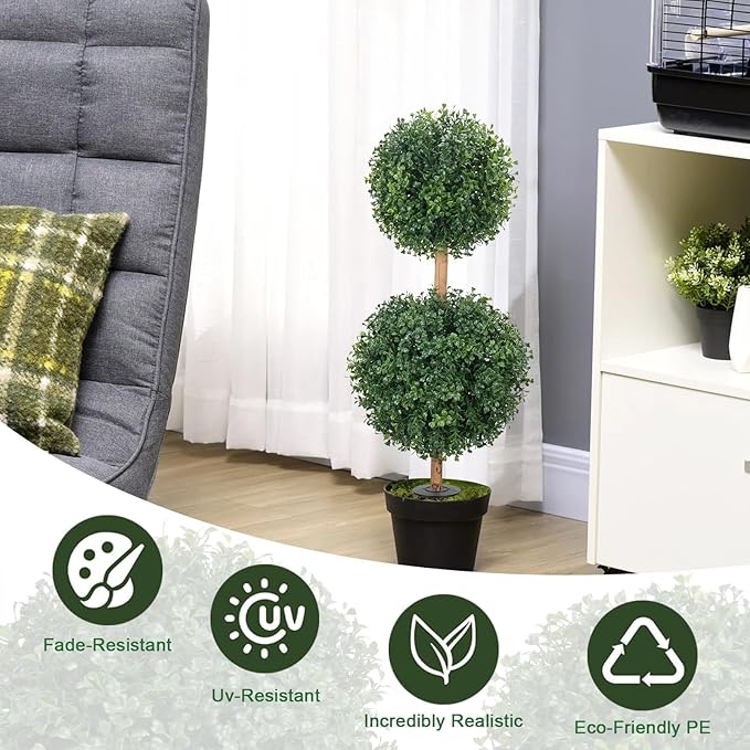 Zythrem 2.6FT Topiary Ball Trees Artificial Outdoor with Ground Spike Front Porch Double Boxwood Topiary Set of 2 Faux Outdoor Plants for Planters Patio Entrance Garden Indoor Home