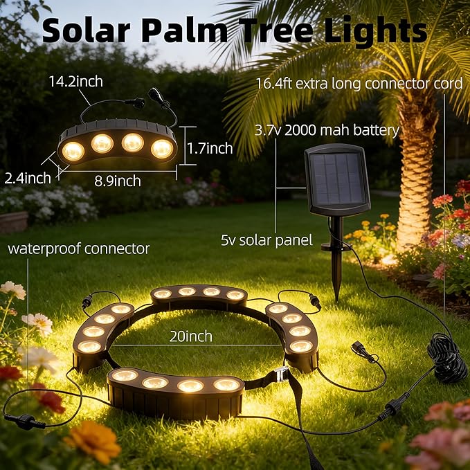 Solar Tree Lights Outdoor, Palm Tree Ring Lights with 3-in-1 Tie/Stake/Hang Installation, Warm White LED Tree Uplighting, 2000mAh Battery IP65 Waterproof Solar Tree Spotlights for Yard, Garden