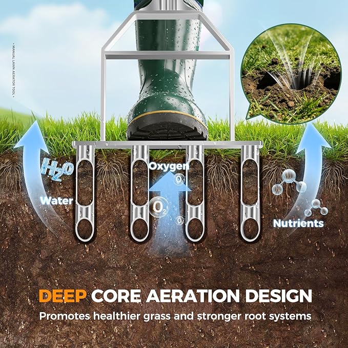 Suntee Lawn Aerator Tool, All Stainless Steel Manual Core Aerator Lawn Tool with 4 Hollow Tines, Adjustable Height Semi-Assembled Heavy Duty Steel Grass Aeration for Lawn Care, Silver