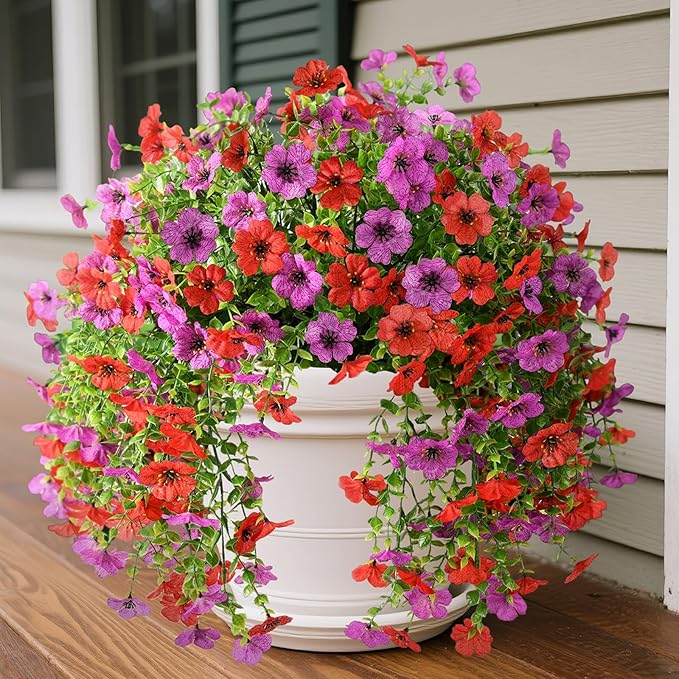 Artificial Fake Flowers Plants for Outdoor Spring Summer Decoration, 2PCS Faux Daisy Silk Flower Outside No Fade UV Resistant Realistic Home Decor for Porch Patio Balcony Window Box(Red purple)