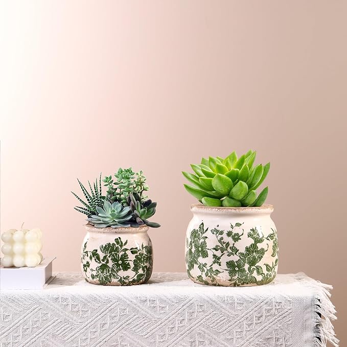 Vintage Ceramic Planters with Drainage Hole, Floral Plant Vases for Indoor Greenery, Tuscan Gardening Decor, Green Ceramic Planters for Christmas & Home Decor(2 Pcs)