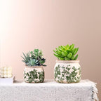 Vintage Ceramic Planters with Drainage Hole, Floral Plant Vases for Indoor Greenery, Tuscan Gardening Decor, Green Ceramic Planters for Christmas & Home Decor(2 Pcs)