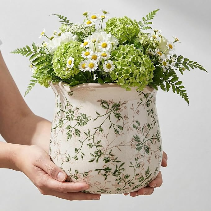 Vintage Ceramic Planter Pot with Drainage Holes, Green Floral Design, 6.11 Inch, Distressed Tuscan Style, Indoor Plant Pot and Vase (Sage Beige)