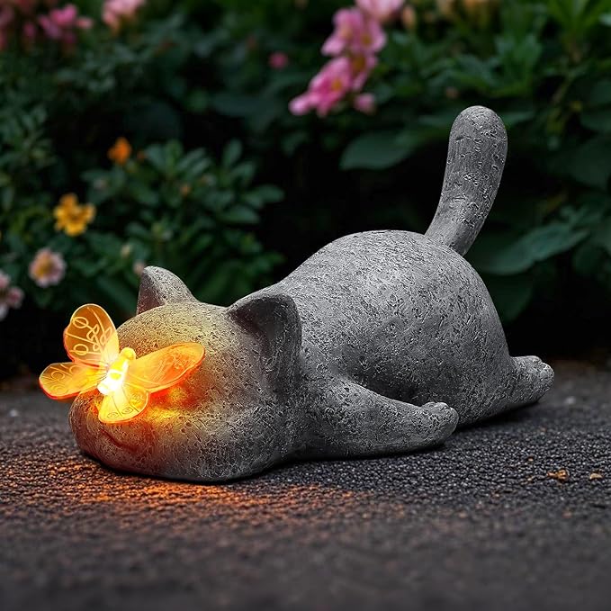 Garden Outdoor Statues Solar Cat Outside Statue Garden Decor for Yard Patio Home Porch Lawn Balcony, Gifts for Mother Grandma Women