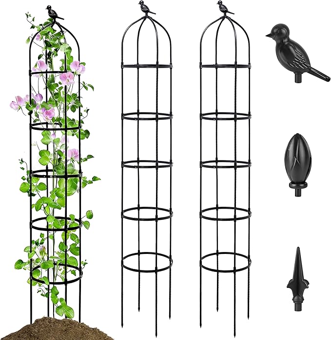 2 Pack Garden Obelisk Trellis for Climbing Plants Outdoor, 6.7FT Adjustable Metal Plant Support with 3 Decorative Tops, Black Rustproof Trellis for Roses, Tomatoes, Clematis & Vines