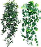 Artificial Hanging Plants for Shelf, Fake Potted Greenery 2-Pack Faux Mandala and Monstera Leaves Vines in Black Pot, Décor for Office Living Room Bathroom Indoor Outdoor