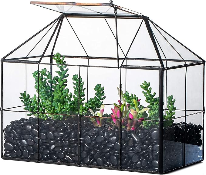 NCYP Glass Terrarium Planter with Lid for Small Succulent Plants, Grid House Shape Black Geometric Terrarium Pot, Home Garden Indoor Tabletop Decor, 9.84" x 5.31" x 7.87" (No Plants)